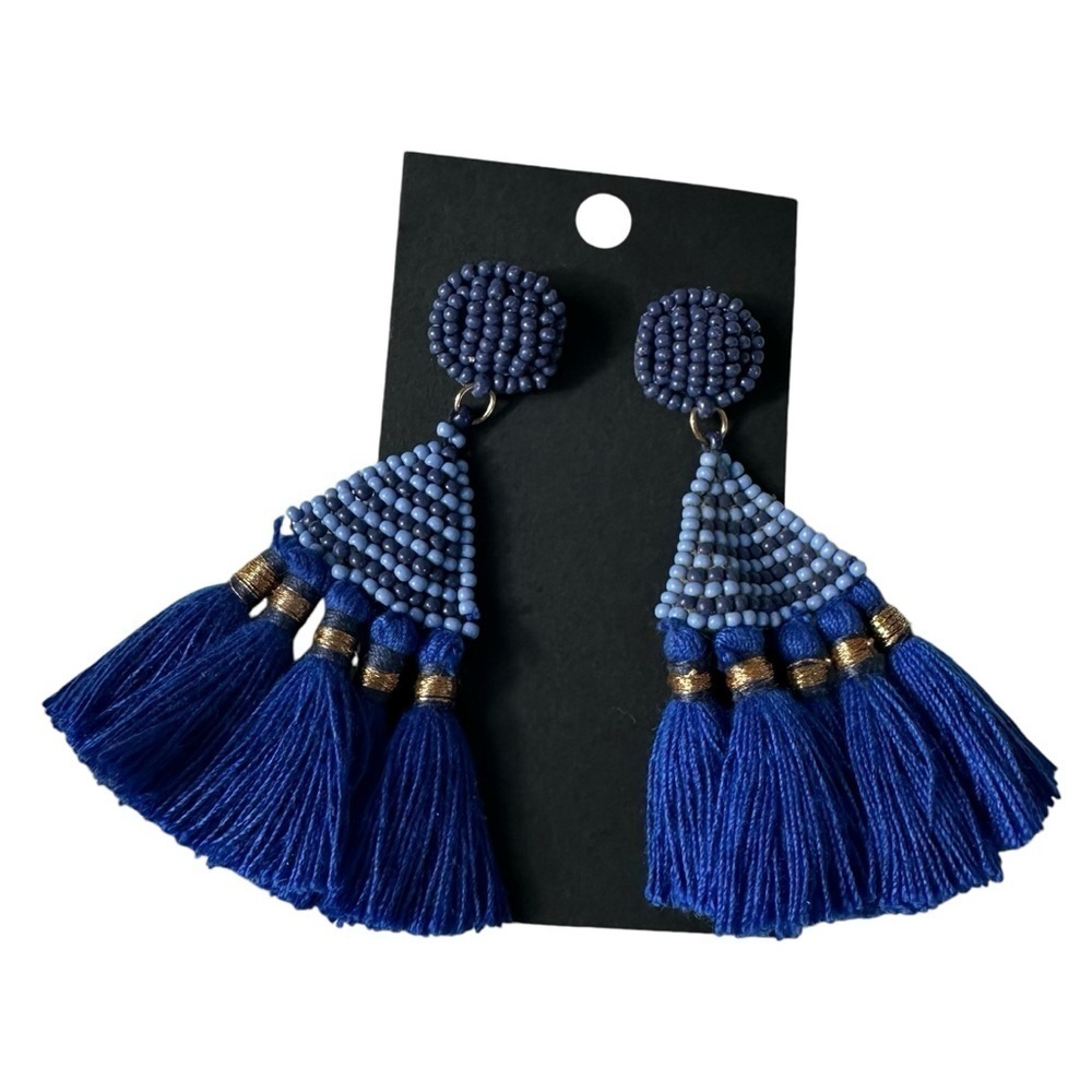 Royal Blue Boho Beaded Fan Earrings